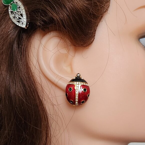 MULTILANA SIGNED VINTAGE LADY BUGS ENAMEL CLIP EAR RINGS WITH CLEAR RHINESTONES - Picture 2 of 8